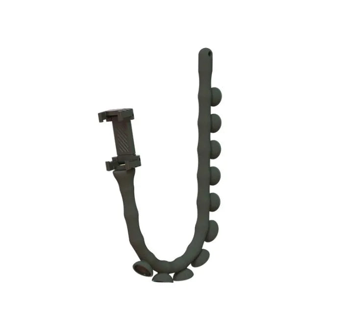 Flexible black rubber phone holder with suction cup extended, showing 360° rotation joint next to a mobile phone.