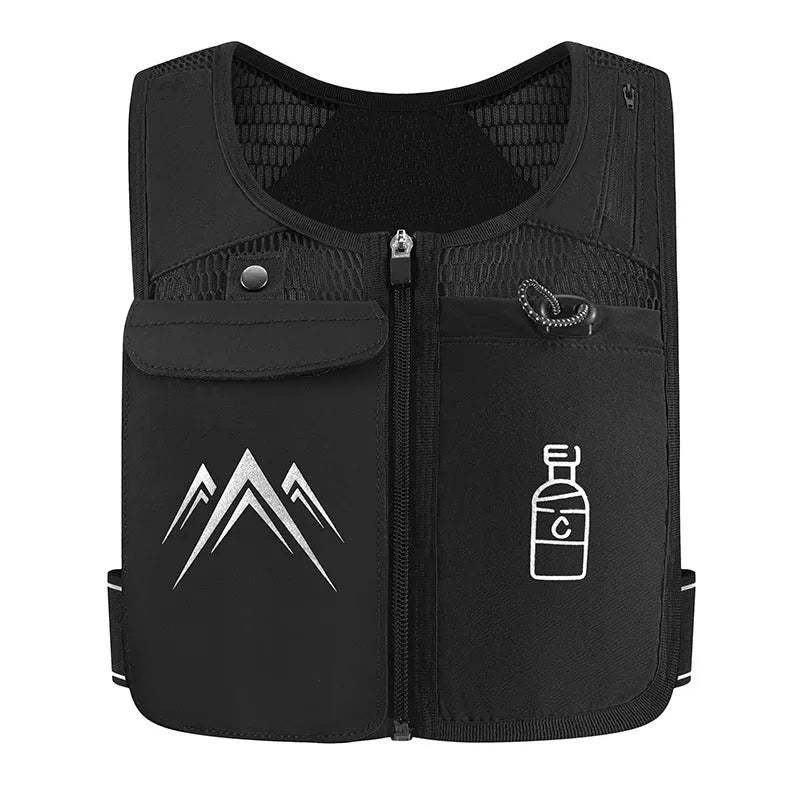 Black breathable mesh sports running vest with a front pocket for a mobile phone.