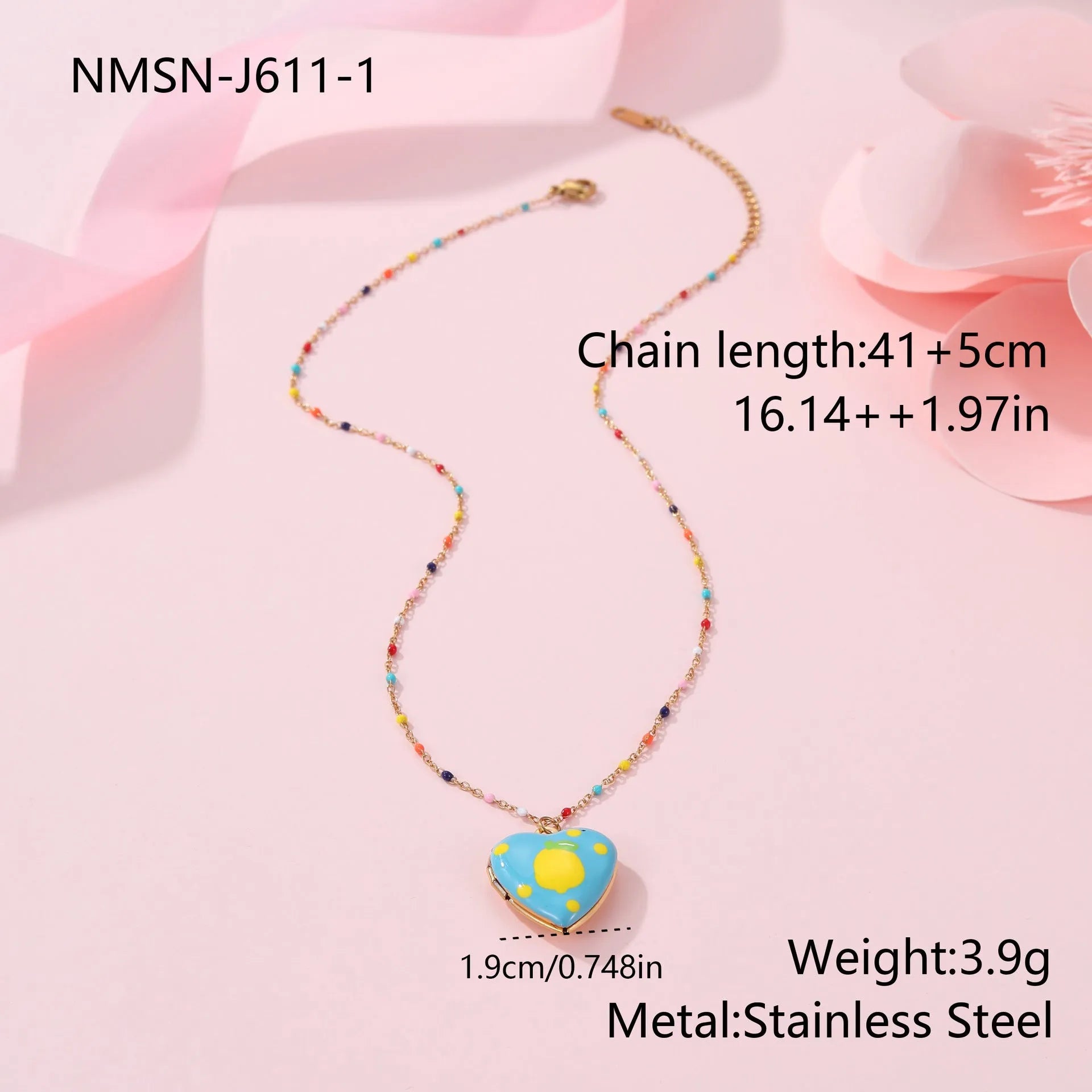 Stainless steel fruit pendant necklace with gold plating showing heart and fruit charm designs on adjustable chain