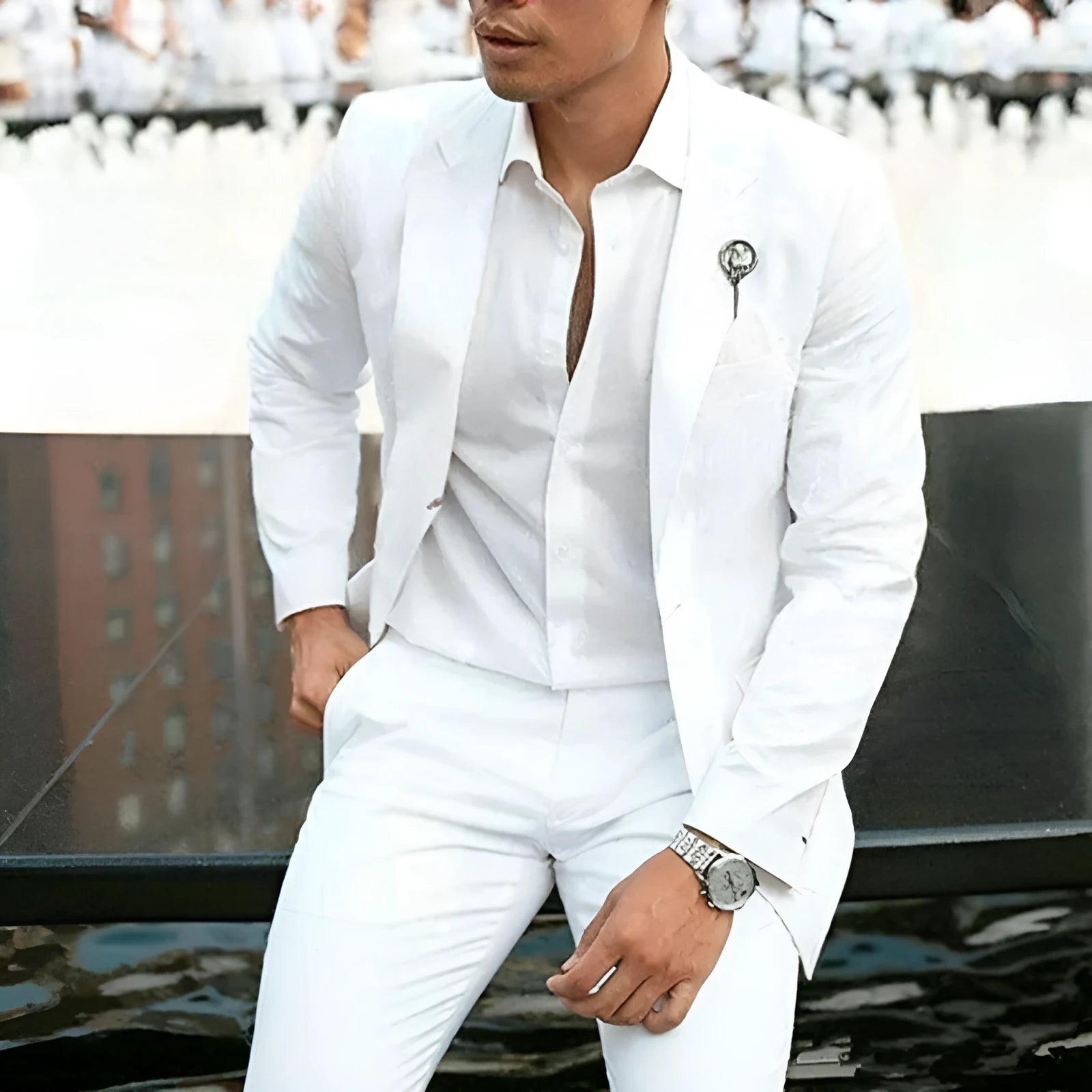 White slim fit two-piece wedding suit for grooms and groomsmen with extended XS to 5XL sizing
