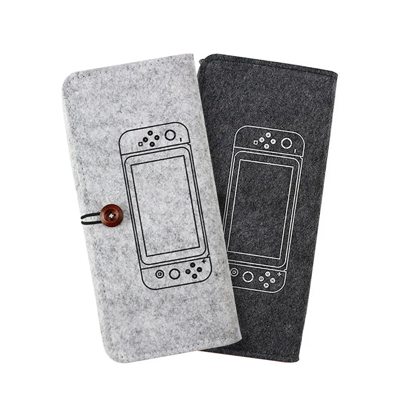 Black felt pouch case for Nintendo Switch open to show console and game card slots