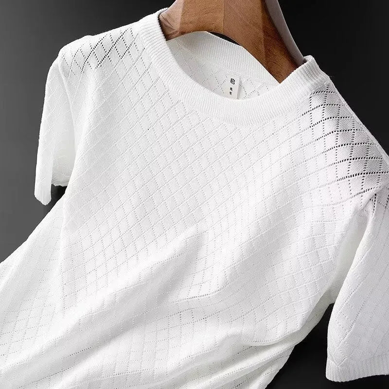 Men's black and white ice silk short sleeve t-shirt showing V-neck and round neck styles on hanger.