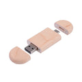 Custom engraved maple wood USB flash drive with Type-C connector for mobile phones on a wooden box.