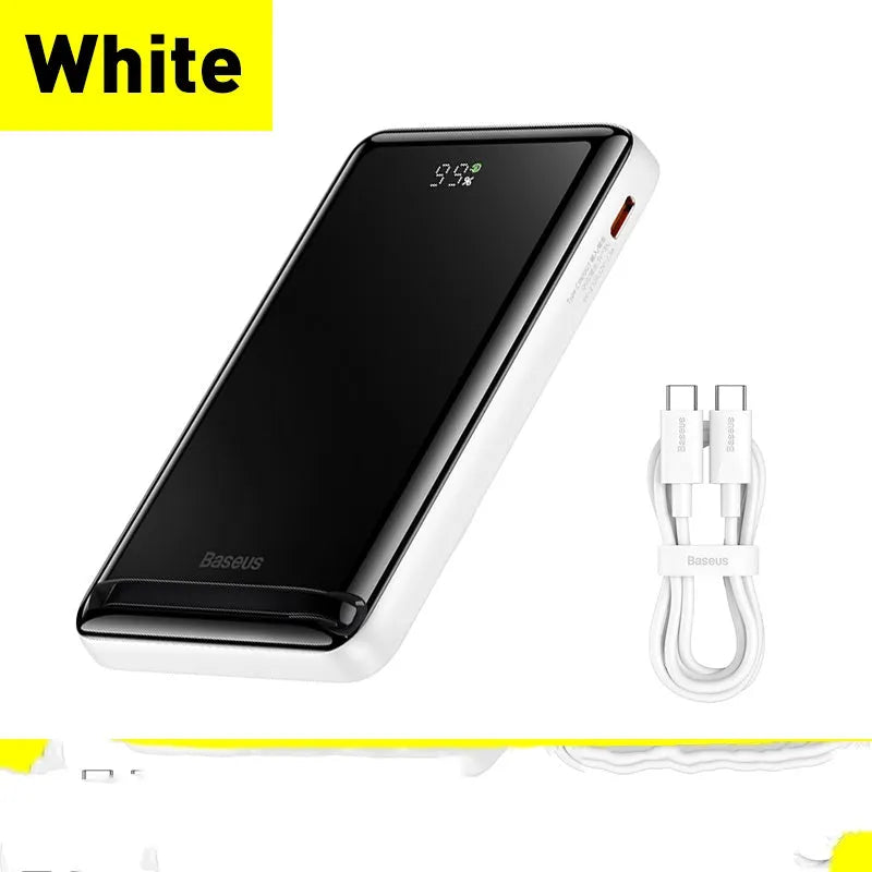 Slim blue, white, and pink magnetic wireless power bank showing compact size and charging cable.