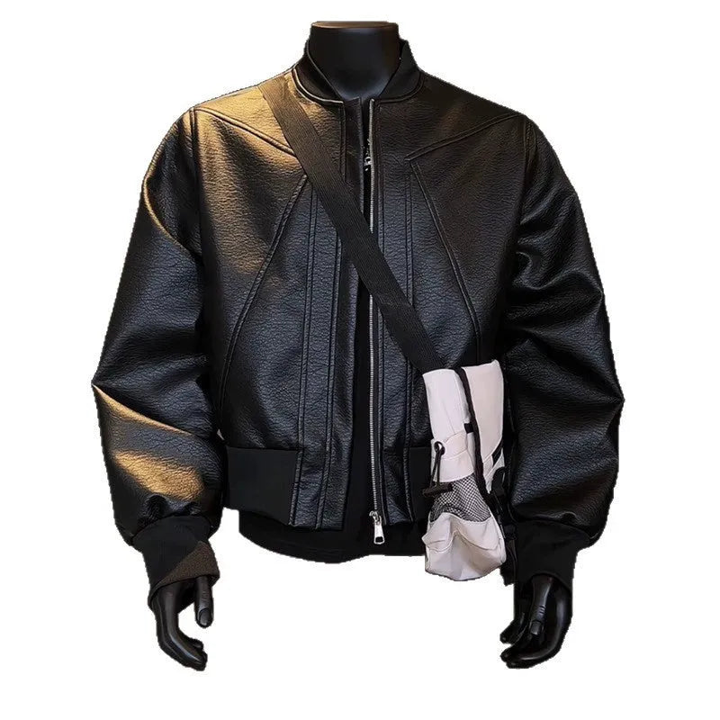 Men's black PU leather litchi grain jacket with extended length and tight-fit business casual style