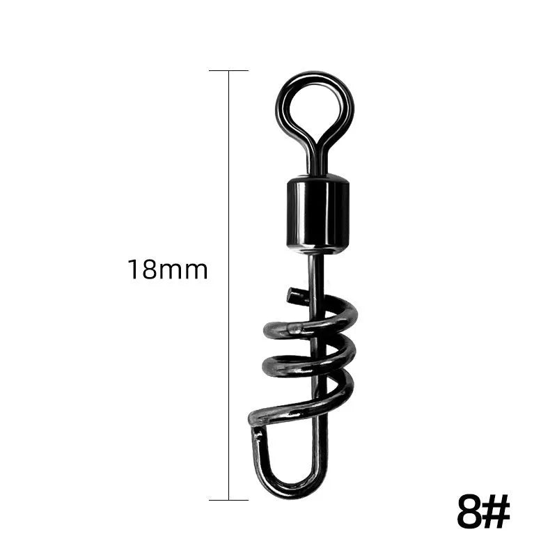 Copper and stainless steel 8-shaped fishing swivel connector on a blue background.
