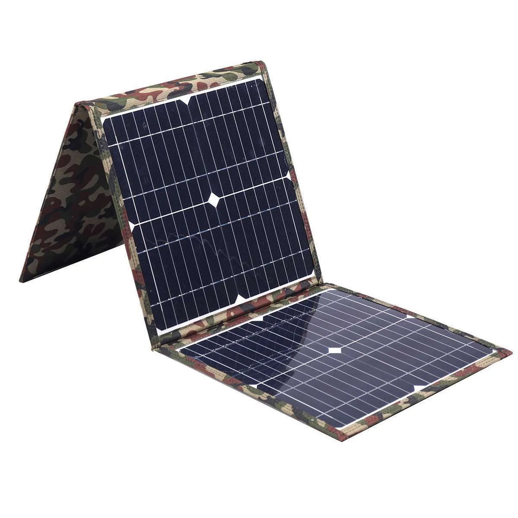 Black foldable 36W portable solar panel unfolded showing three solar cells, with car charger and cables.