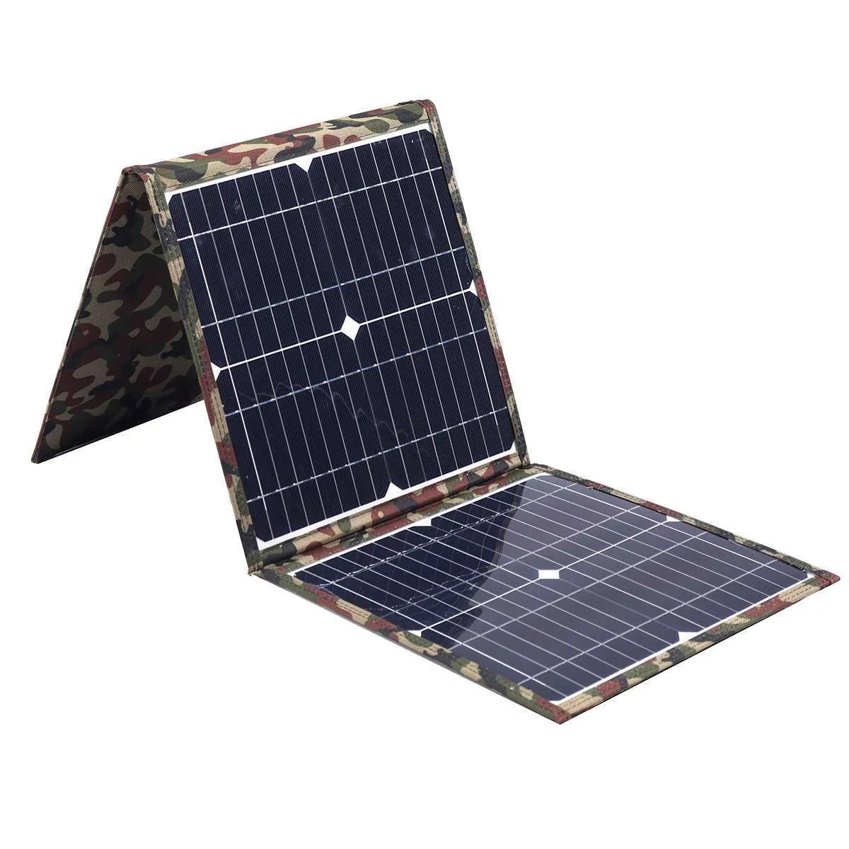 Black foldable 36W portable solar panel unfolded showing three solar cells, with car charger and cables.