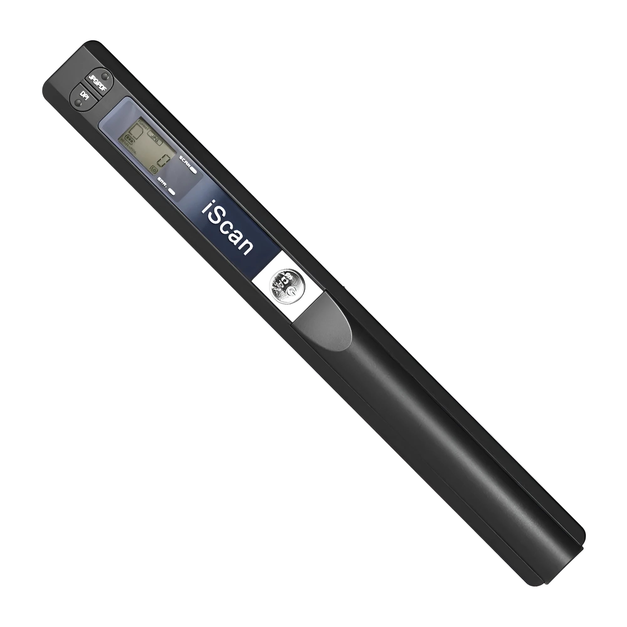 Handheld USB scanner in black, blue, green, red, and silver colour options on a desk.