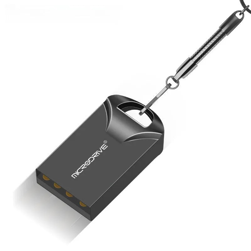 Mini high-speed metal USB flash drive in black or silver, showing compact 23x12x8mm size