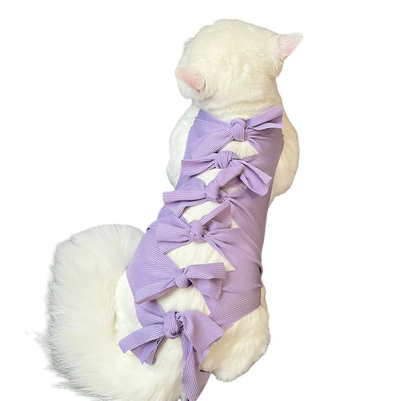 Lace-up polyester cat sterilisation clothing in blue colour showing adjustable fastening system for postoperative recovery