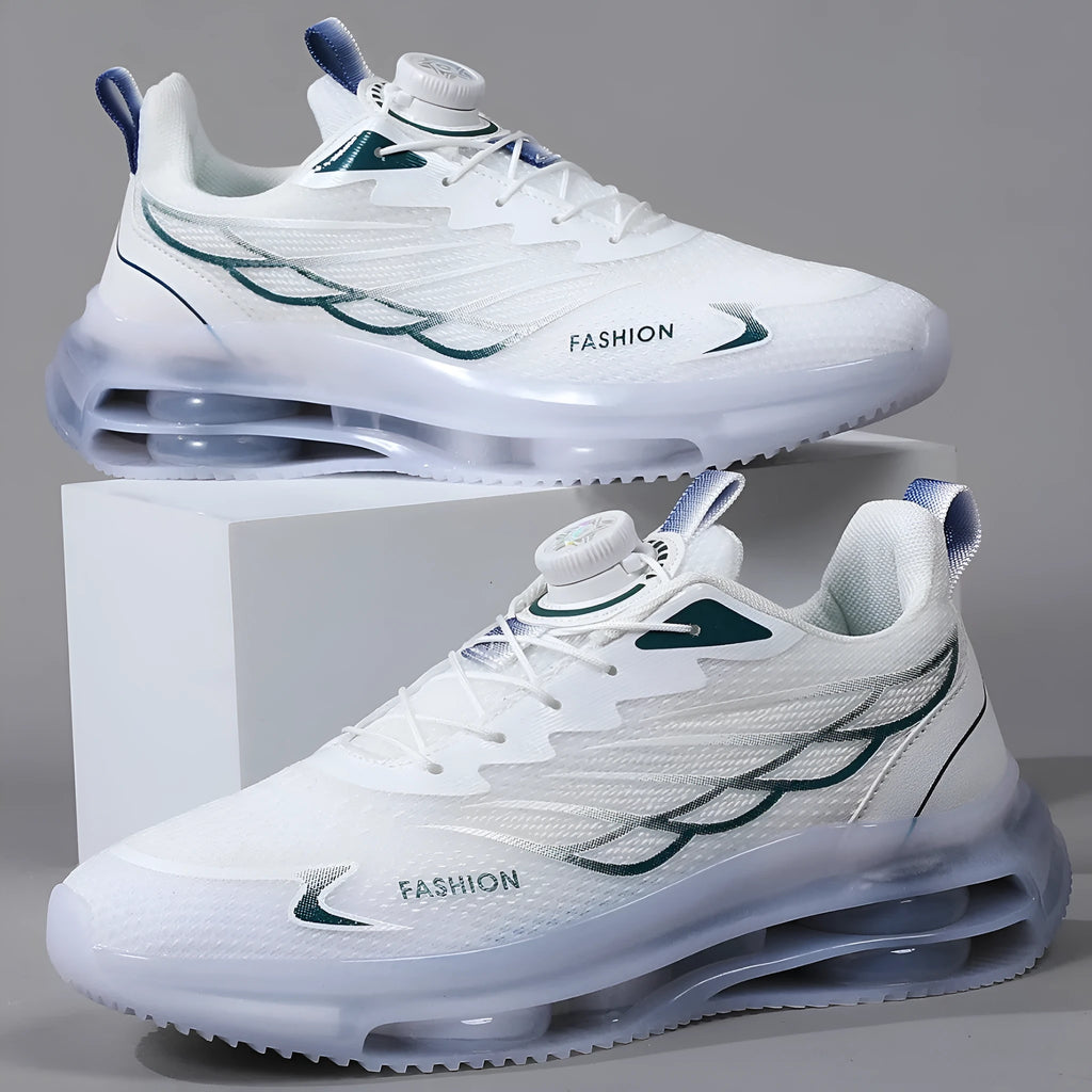 White men's casual shoes with rotating button lace system and mesh upper