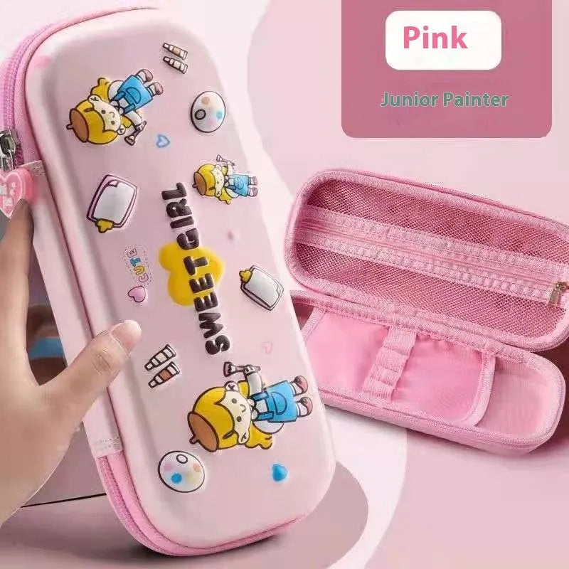 3D leather pencil case with embossed holographic character design showing textured surface detail
