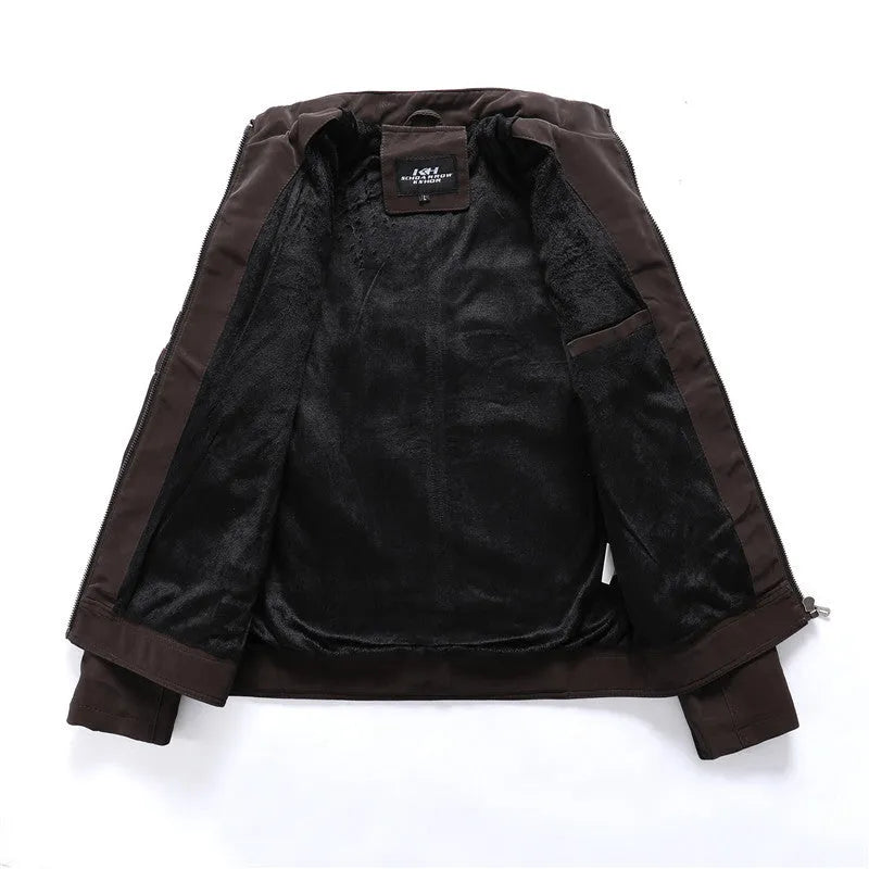 Men's brown PU leather biker jacket with front zip and lapel collar on a plain background