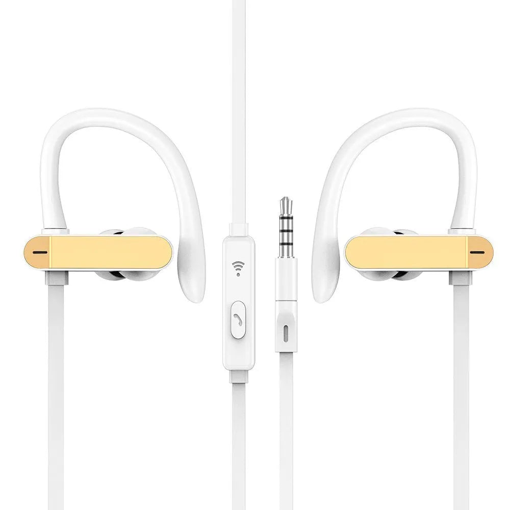 Sport ear hook headphones with microphone in black blue colour, showing over-ear hook and silicone earbuds.