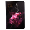 A5 size diary book with a luminous purple cover, open to show pages with colour illustrations.