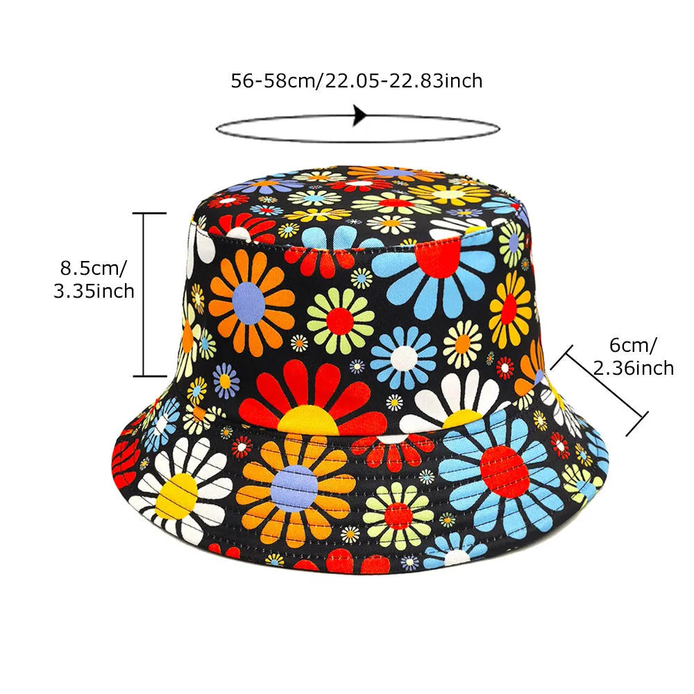 Colourful flower pattern polyester bucket hat with dome crown in size M
