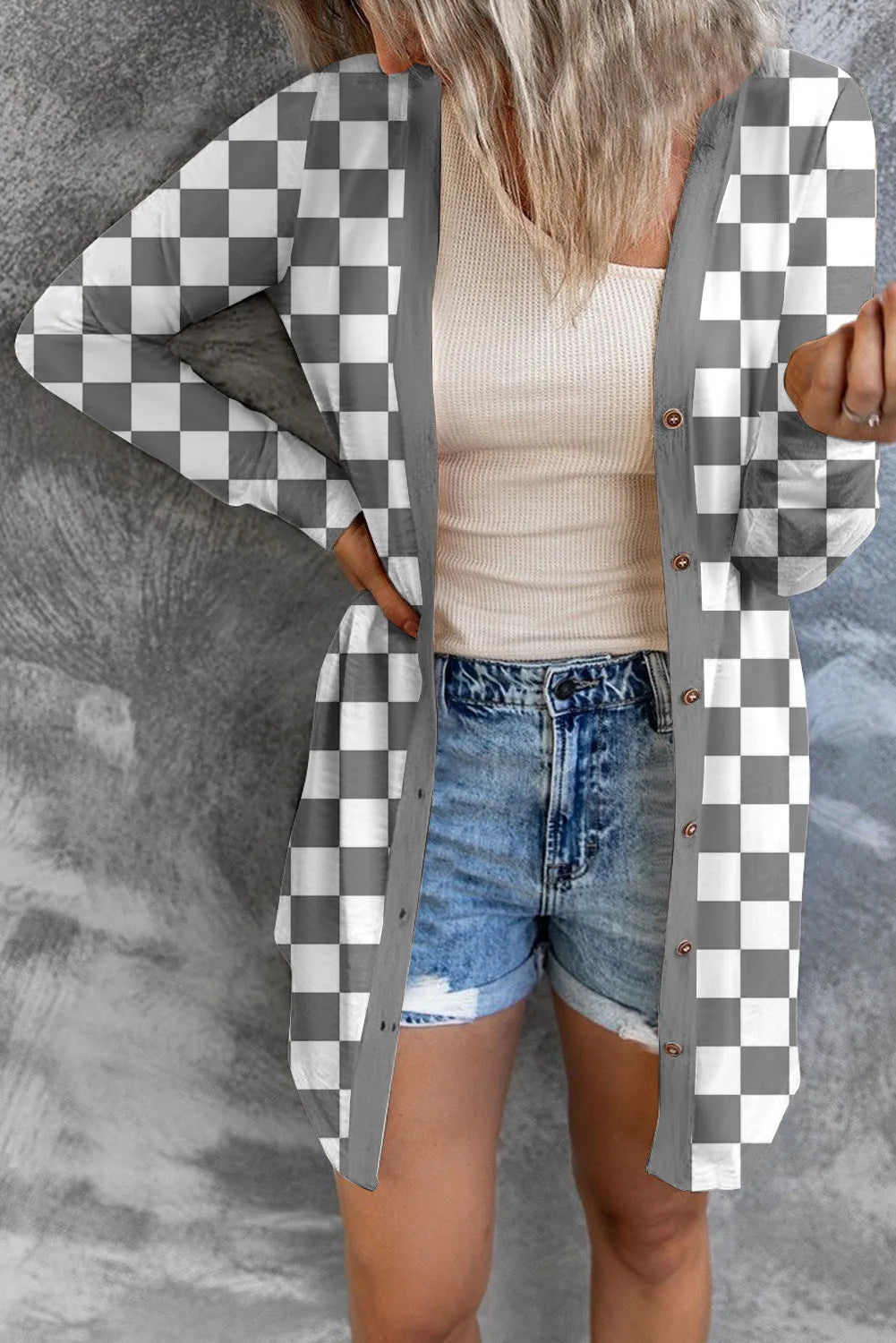 Women's long grey plaid loose fit cardigan coat with regular sleeves for street fashion.