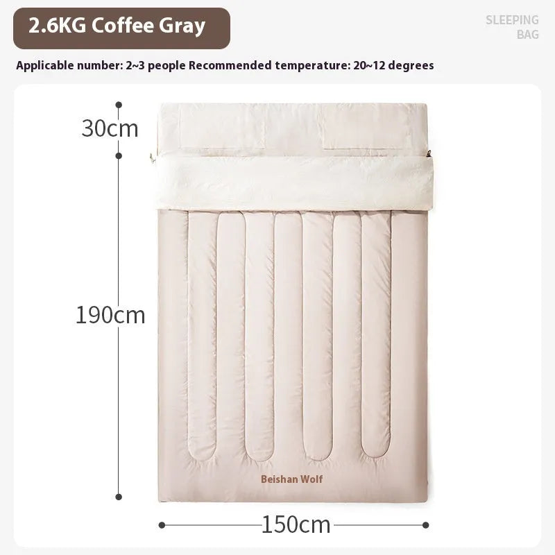 Double sleeping bag in coffee gray with envelope structure for two-person camping