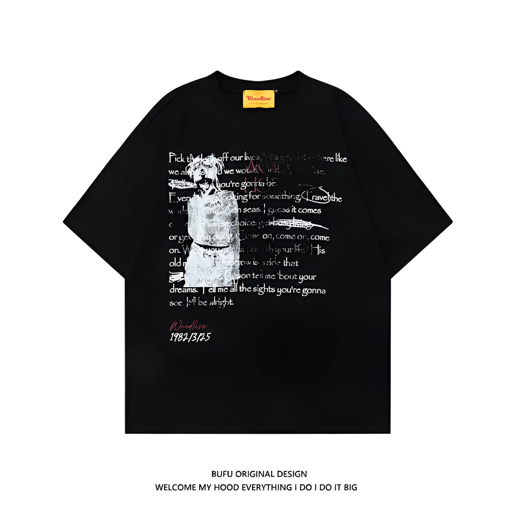 Men's black pure cotton loose retro T-shirt with white letter print and raglan sleeves