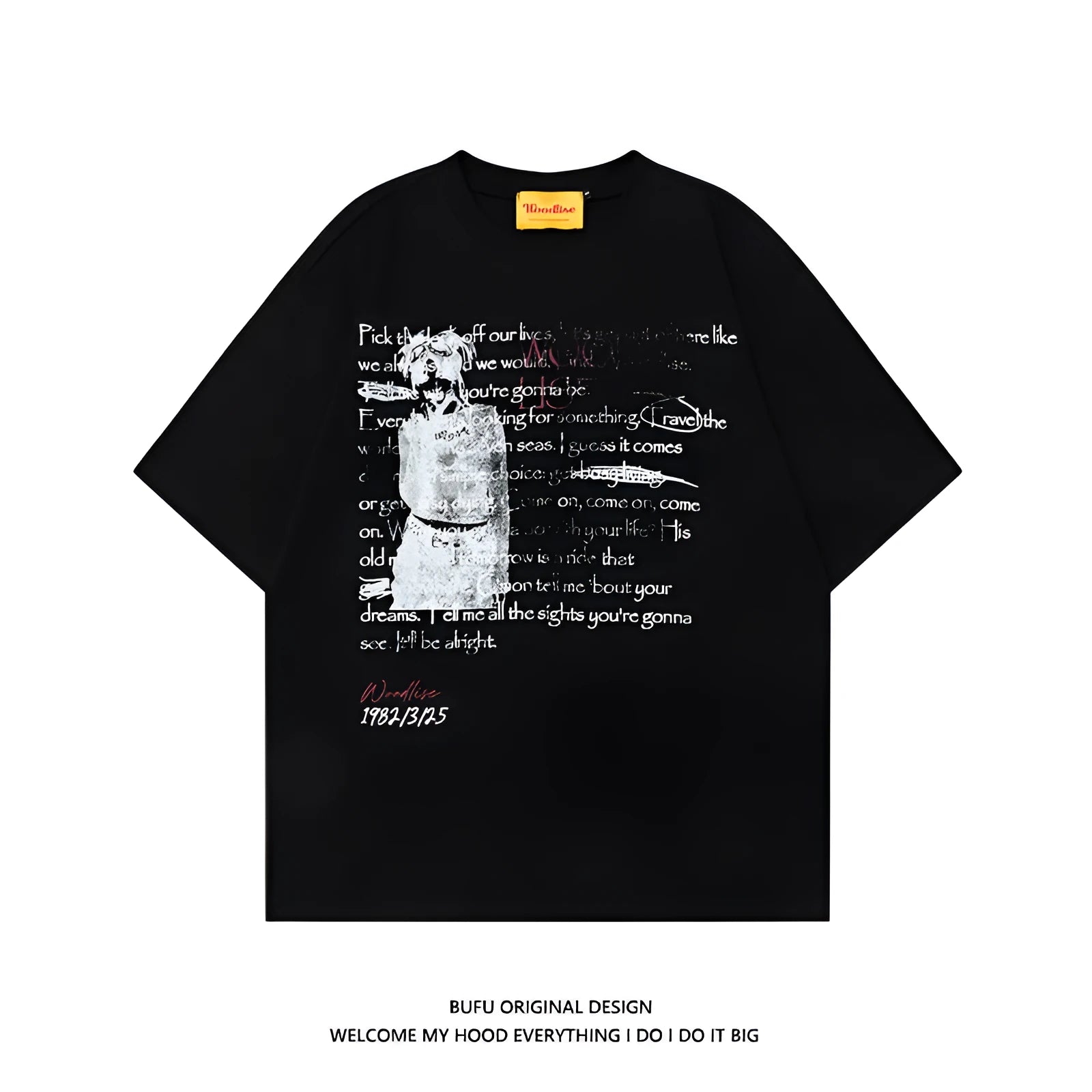 Men's black pure cotton loose retro T-shirt with white letter print and raglan sleeves