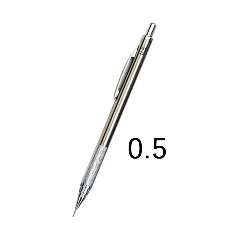 Metal automatic mechanical pencil with various lead specifications displayed