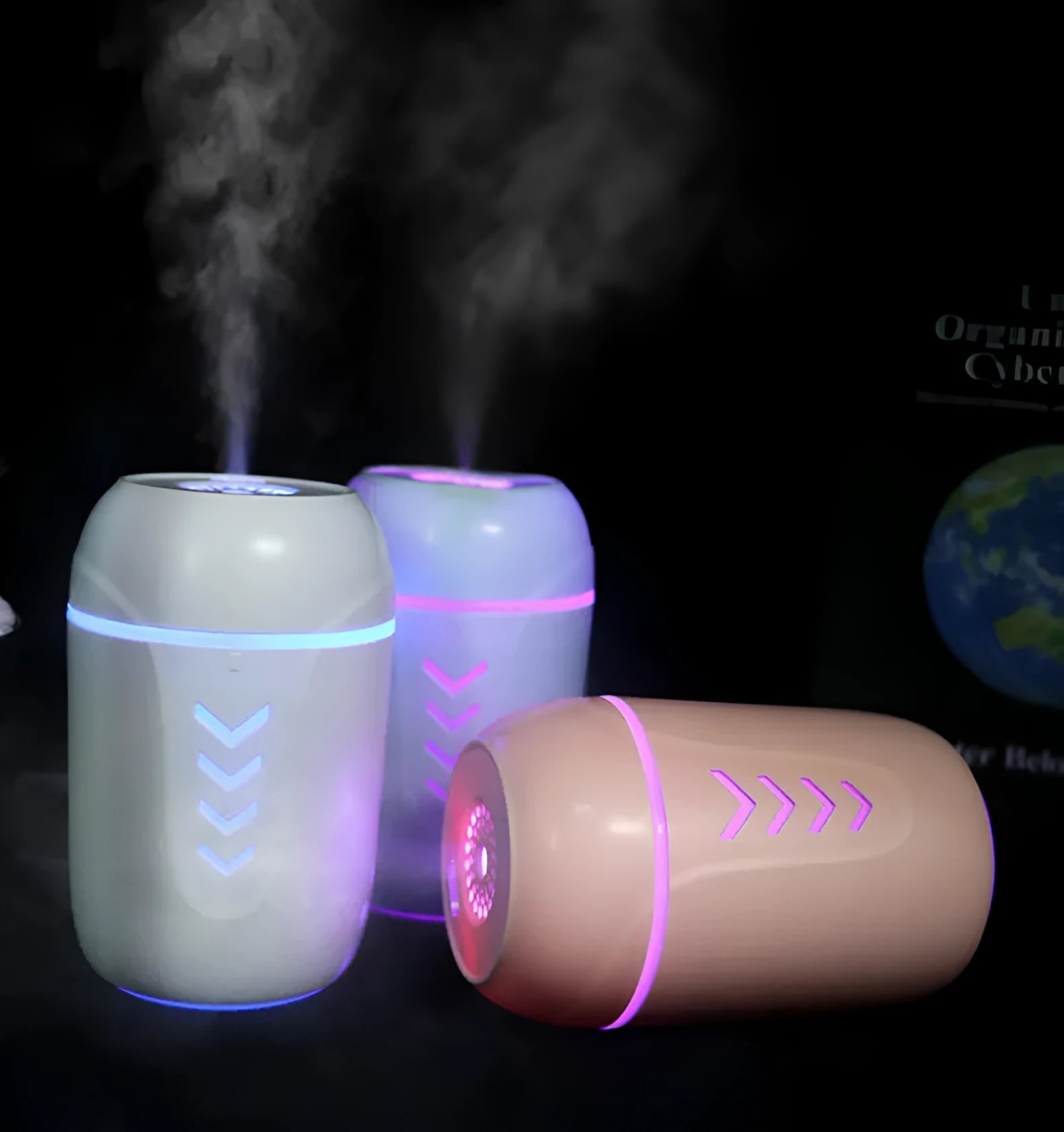 X3 portable car humidifier with columnar shape in blue, showing USB cable and 200ml water tank capacity.