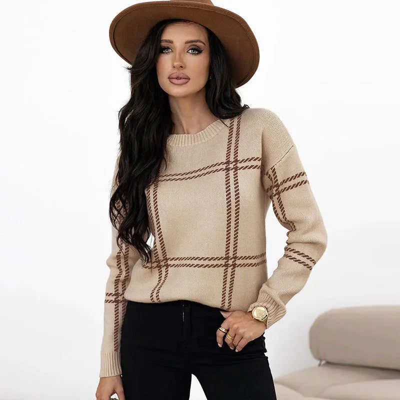 Women's loose fit plaid colour-block acrylic pullover sweater with striped pattern.