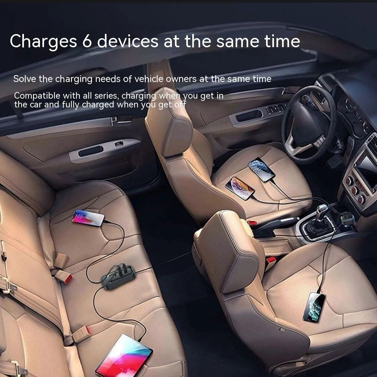 120W universal car charger with cigarette lighter plug and USB ports for fast charging Apple and Huawei devices