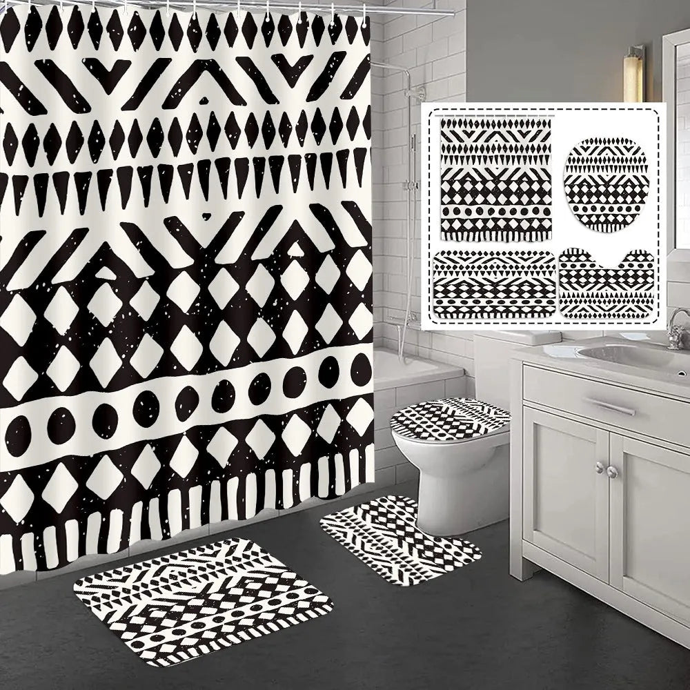 Bomi printed polyester shower curtain and anti-slip floor mat set in modern simplicity style, multiple size options