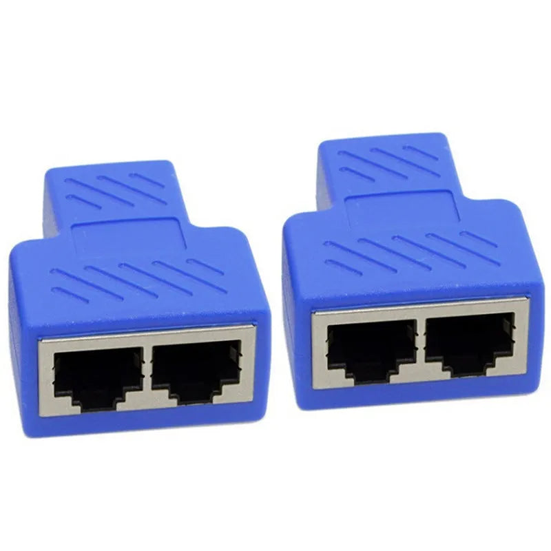 White RJ45 network cable tee splitter adapter on a dark background