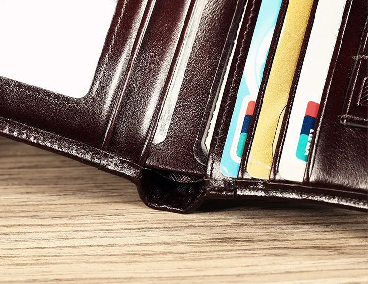 Men's leather wallet showing internal compartments including card slots, hidden pocket and photo position
