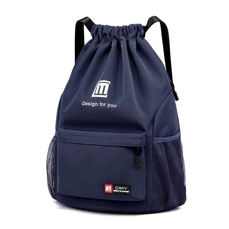 Oxford waterproof drawstring travel backpack in multiple colours showing foldable design and shoulder straps