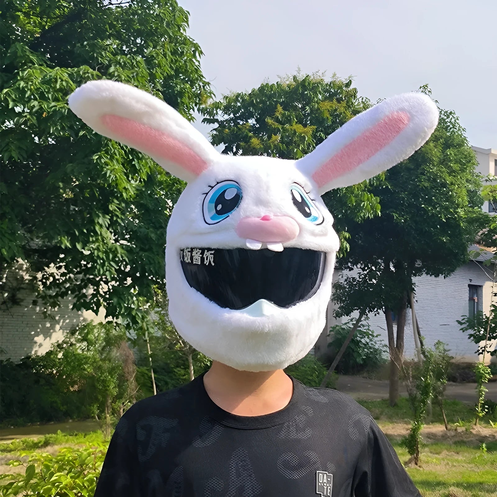 White rabbit head decorative cover for electric motorcycle helmet with plush interior