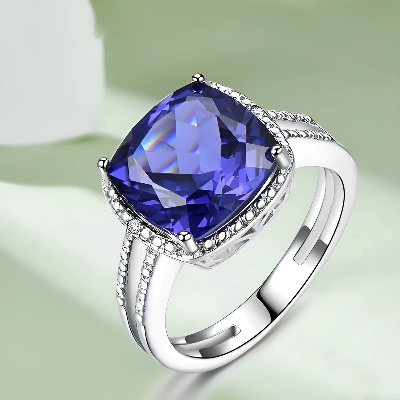 Blue tanzanite gemstone set in a sterling silver women's ring.