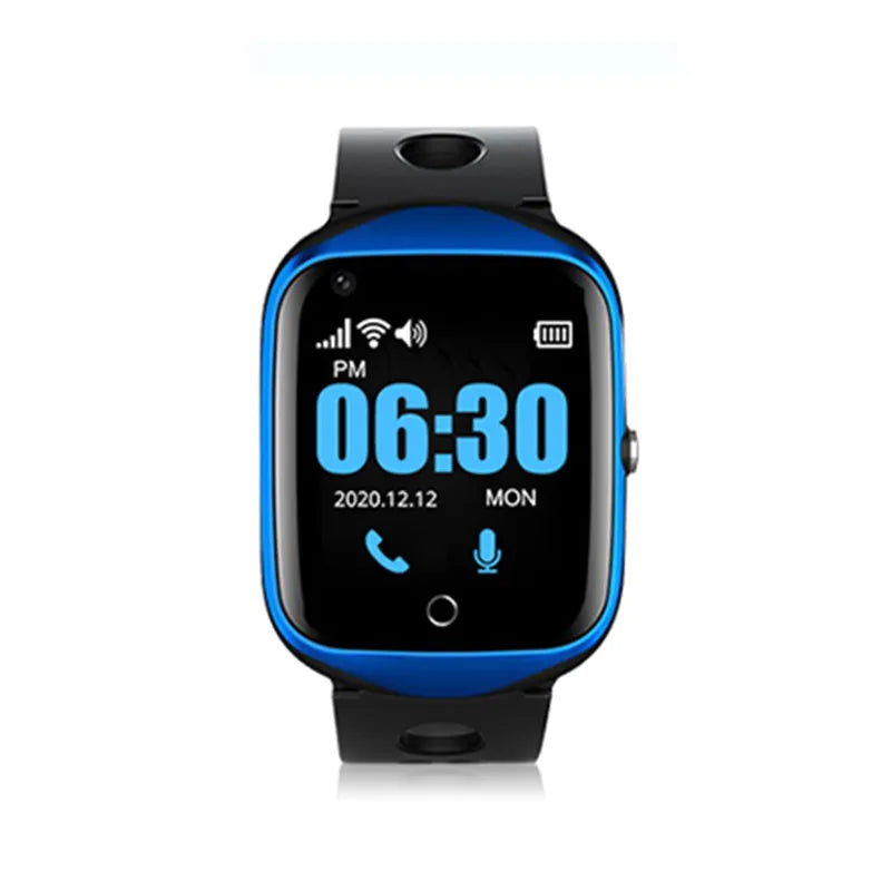 Square dial phone watch for elderly with silicone strap and 1.3-inch screen in black, blue or silver colours