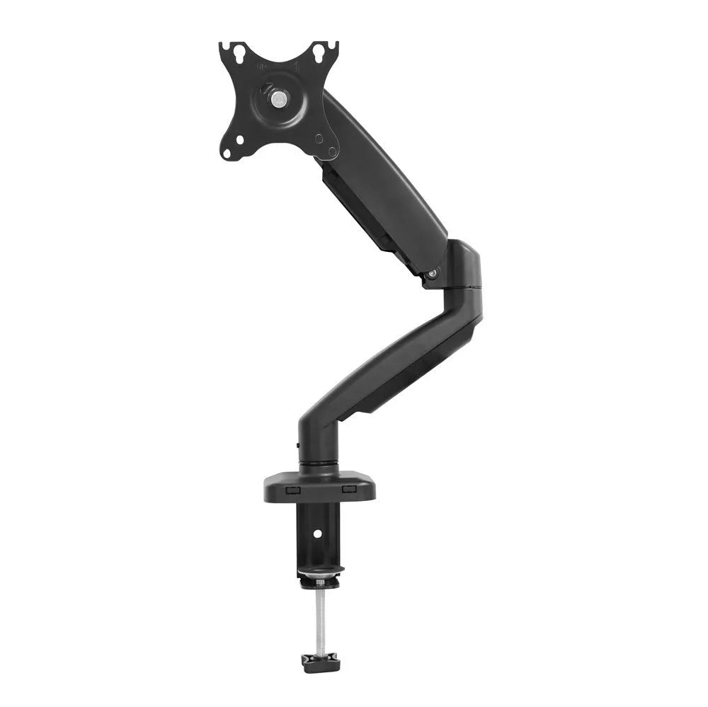 Black rotating telescopic LCD screen bracket on table with adjustable tilt and height