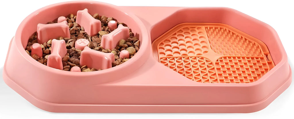 Blue slow feeder puzzle dog bowl with maze pattern and non-slip base