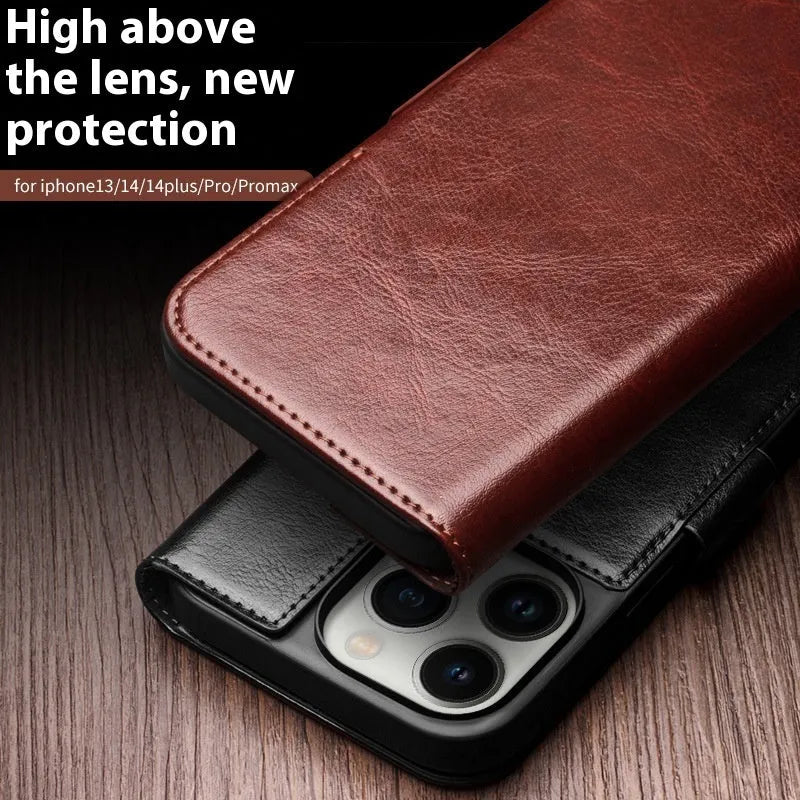 Genuine leather magnetic flip cover for iPhone 14 Pro in black with closed magnetic flap