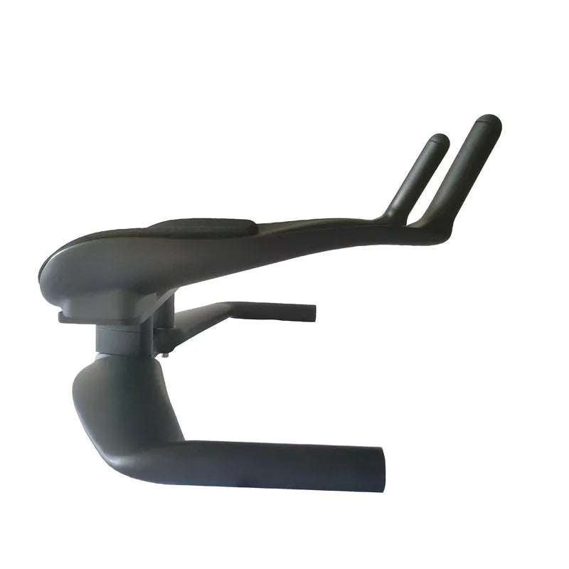 Black carbon fibre TT bicycle handlebars showing angled extensions and clamp area.