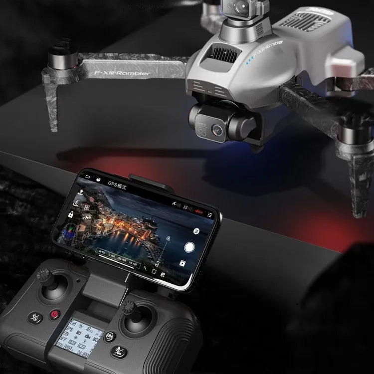White folding quadcopter drone with camera, remote control, flight batteries, and shoulder bag.
