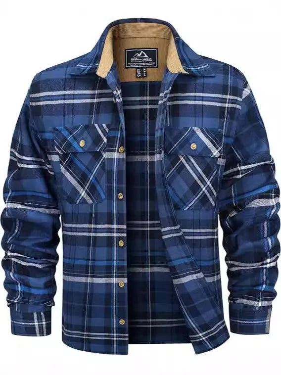 Men's casual plaid button shirt in cardigan style for winter, available in multiple colours.