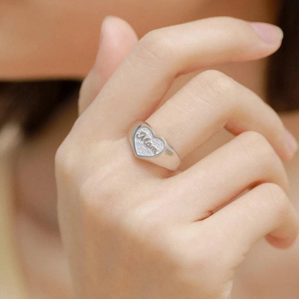 S925 sterling silver heart-shaped MOM open ring for women, adjustable size, retro style