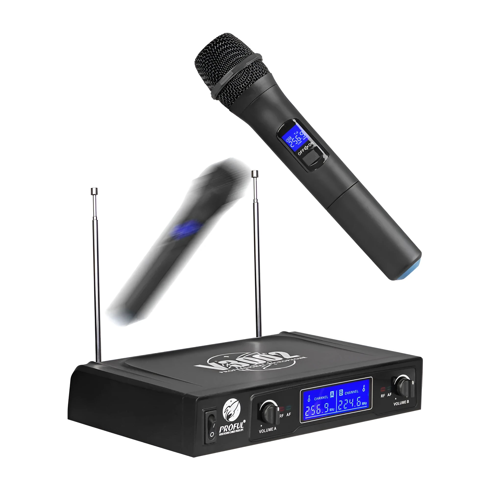 V-3002 wireless microphone system with two black handheld microphones and transmitter unit