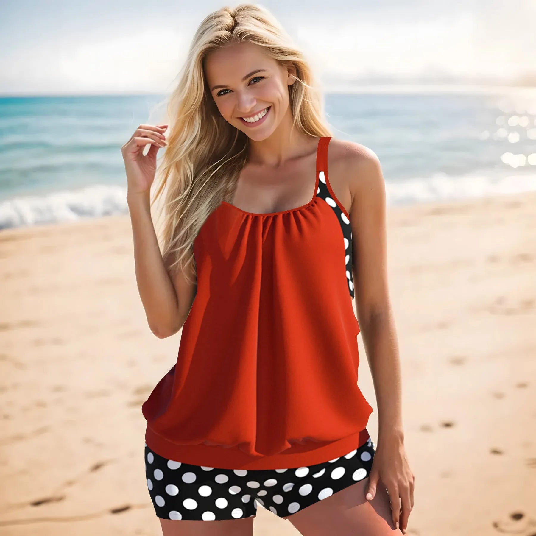 Women's black polka dot boxer swimsuit with high-waisted briefs, made from polyester fabric.