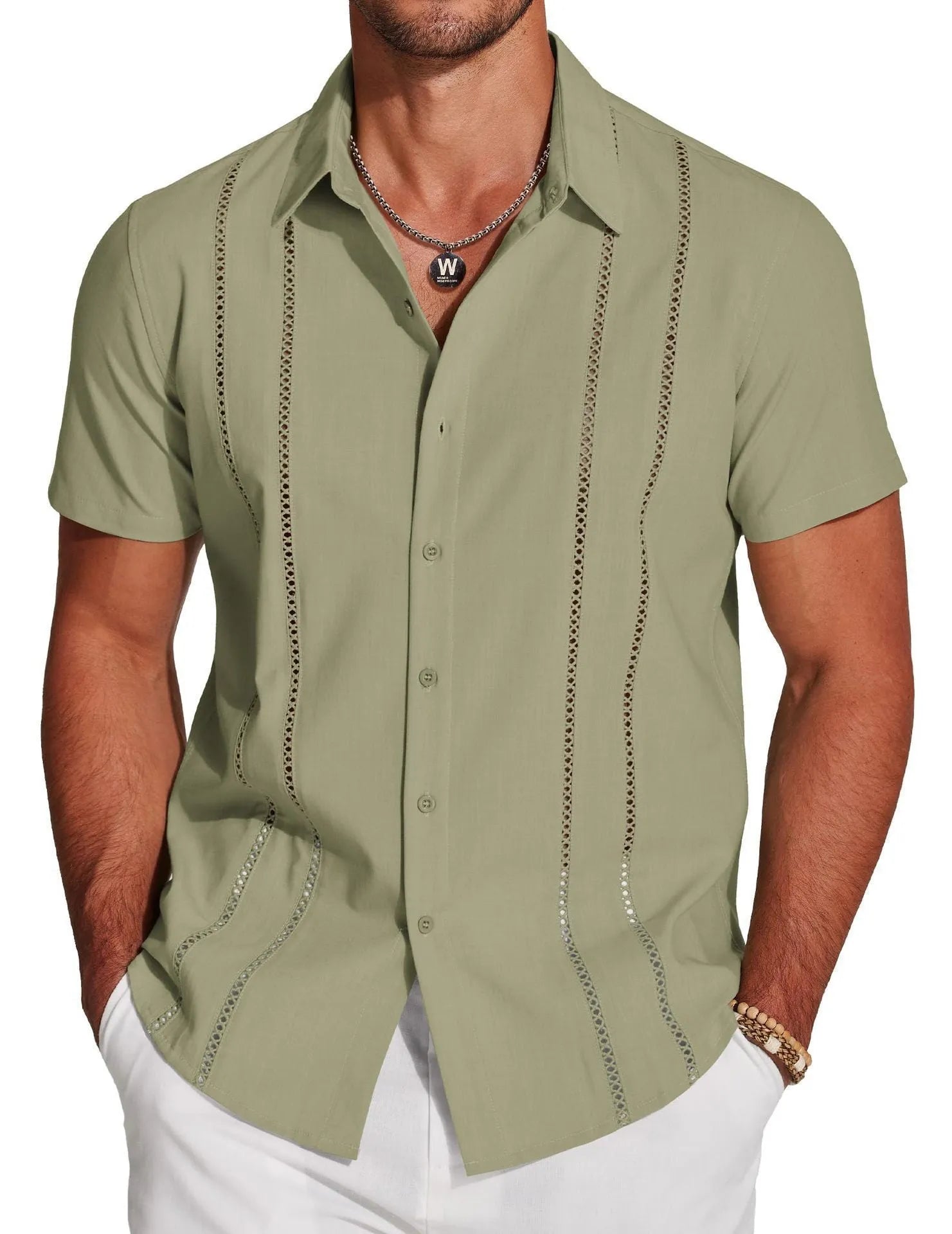 Men's slim fit cardigan-style Hawaiian short sleeve shirt with digital print pattern.
