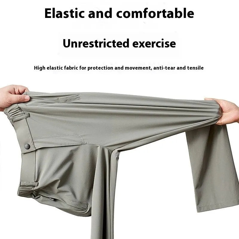 Men's solid colour ice silk straight-leg trousers with an elasticated open waistband, shown in black.