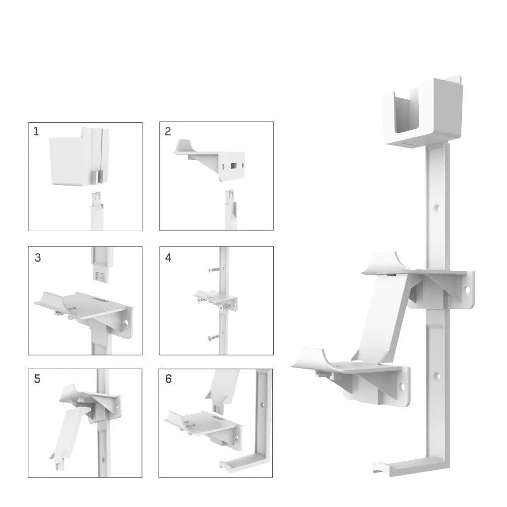 White wall-mounted storage hook holding a PS5 controller and a gaming headset.