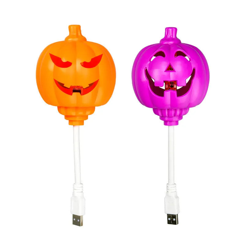Purple and yellow light USB rechargeable plastic pumpkin lamp for Halloween decoration.
