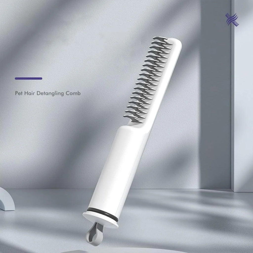 Stainless steel dog dematting comb with ergonomic handle in pink colour on white background